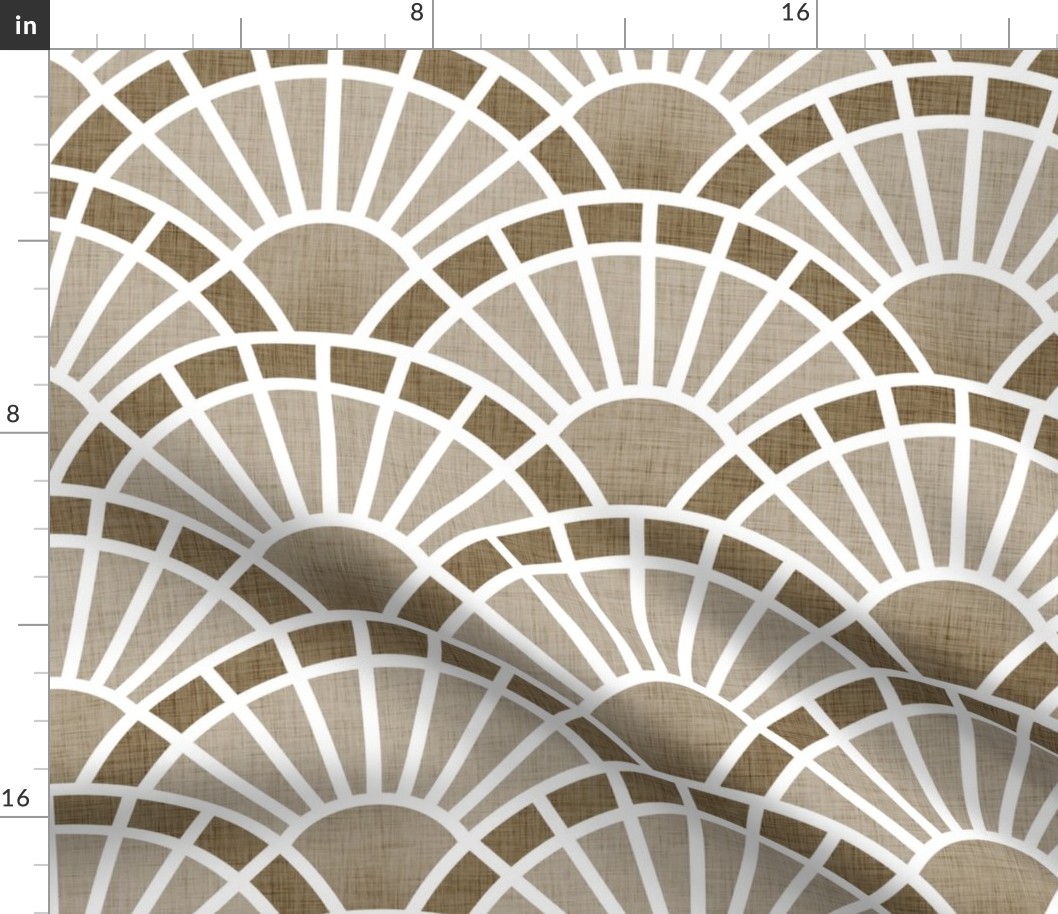 Serene Sunshine- 05 Mushroom- Art Deco Wallpaper- Geometric Minimalist Monochromatic Scalloped Suns- Petal Cotton Solids Coordinate- Large- Taupe- Khaki- Ecru- Brown- Beige- Neutral