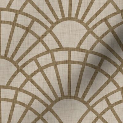 Serene Sunshine- 05 Mushroom on Beige- Art Deco Wallpaper- Geometric Minimalist Monochromatic Scalloped Suns- Petal Cotton Solids Coordinate- Medium- Taupe- Khaki- Ecru- Brown- Beige- Neutral- Bohemian Fall- Boho Autumn