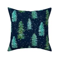 Watercolor green blue Christmas pine tree-navy-big scale