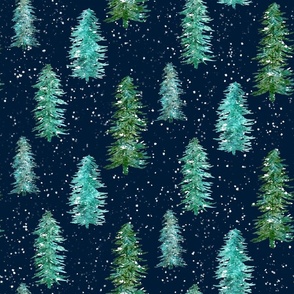 Watercolor green blue Christmas pine tree-navy-big scale