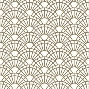 Serene Sunshine- 05 Mushroom on Off White- Art Deco Wallpaper- Geometric Minimalist Monochromatic Scalloped Suns- Petal Cotton Solids Coordinate- Small- Taupe- Khaki- Ecru- Brown- Beige- Neutral- Bohemian Fall- Boho Autumn