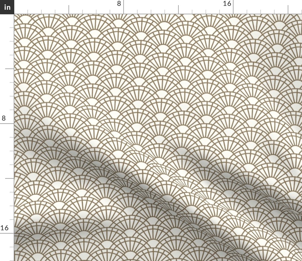Serene Sunshine- 05 Mushroom on Off White- Art Deco Wallpaper- Geometric Minimalist Monochromatic Scalloped Suns- Petal Cotton Solids Coordinate- Mini- Taupe- Khaki- Ecru- Brown- Beige- Neutral- Bohemian Fall- Boho Autumn