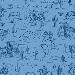 Western toile ,western cowboy fabric wallpaper dark blue and blue WB23 A