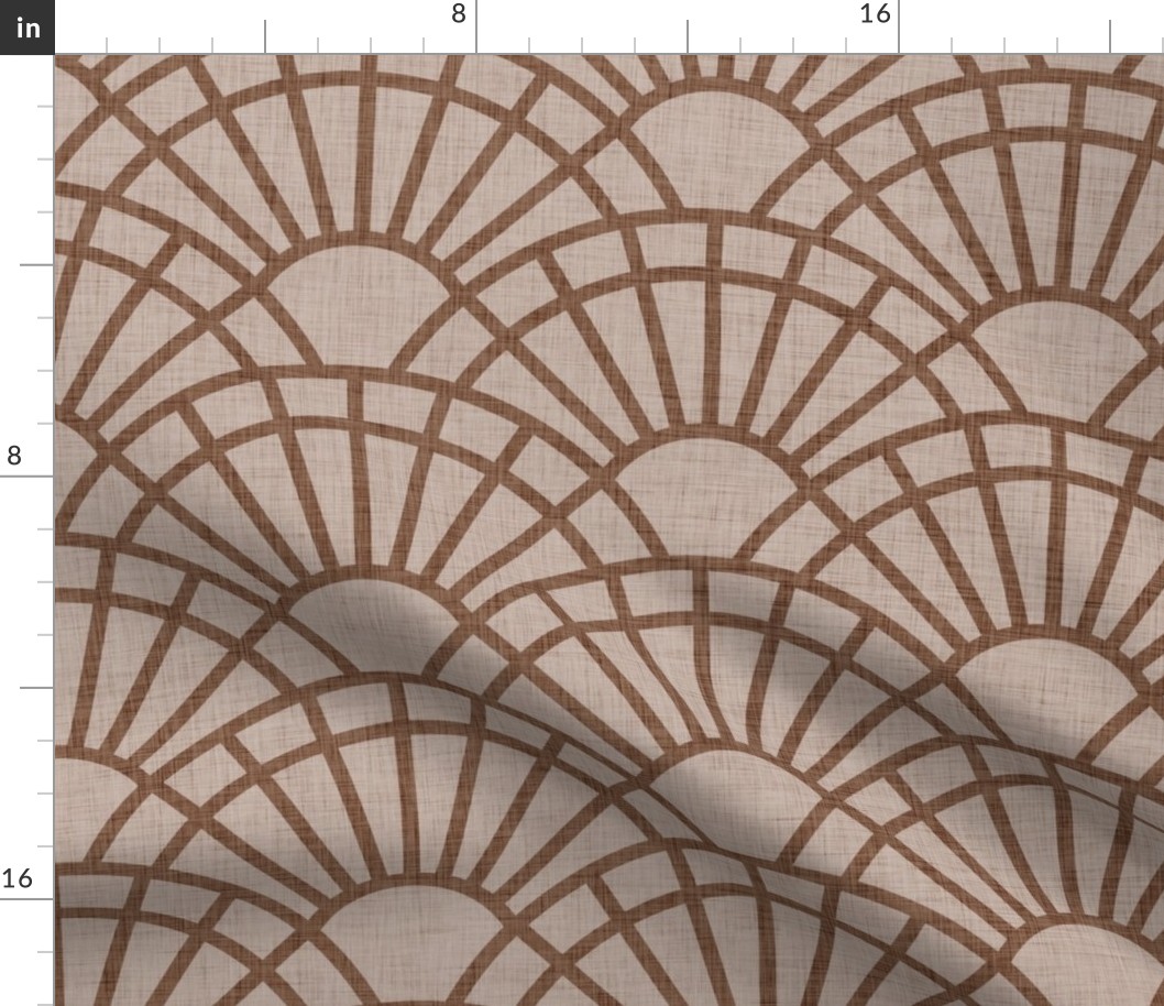 Serene Sunshine- 06 Mocha on Khaki- Art Deco Wallpaper- Geometric Minimalist Monochromatic Scalloped Suns- Petal Cotton Solids Coordinate- Large- Taupe- Earth Tone- Brown- Terracotta- Neutral- Bohemian Fall- Boho Autumn