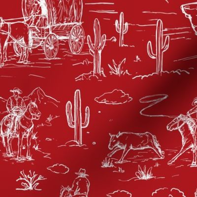 Western toile ,western cowboy fabric wallpaper white on red WB23 A