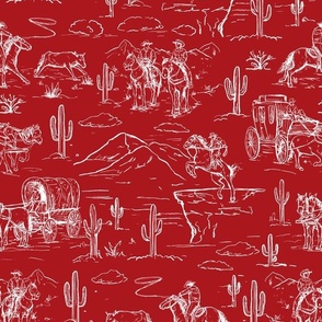 Western toile ,western cowboy fabric wallpaper white on red WB23 A