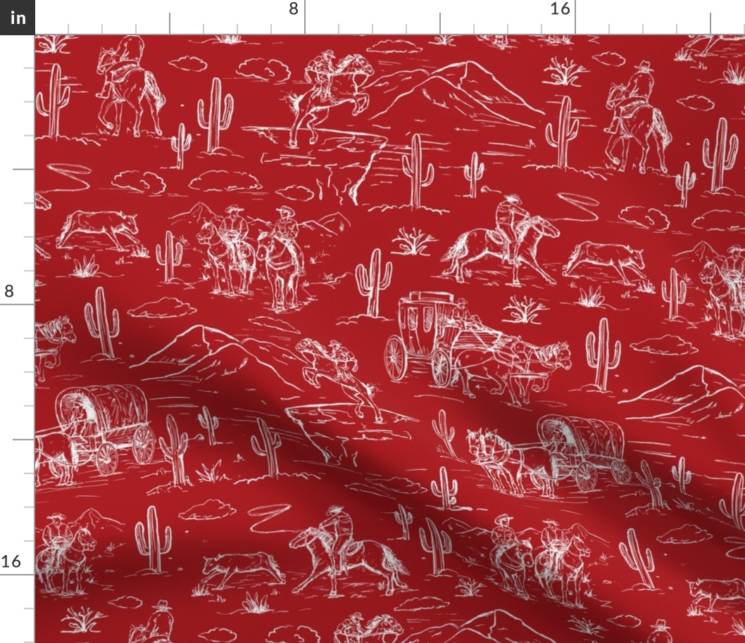 Western toile ,western cowboy fabric wallpaper white on red WB23 A