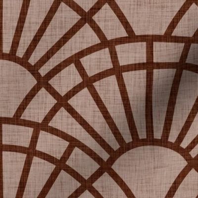 Serene Sunshine- 07 Cinnamon on Taupe- Art Deco Wallpaper- Geometric Minimalist Monochromatic Scalloped Suns- Petal Cotton Solids Coordinate- Large- Earth Tone- Brown- Terracotta- Neutral- Bohemian Fall- Boho Autumn