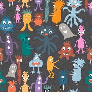 cute colorful monsters charcoal grey background