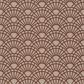 Serene Sunshine- 07 Cinnamon on Taupe- Art Deco Wallpaper- Geometric Minimalist Monochromatic Scalloped Suns- Petal Cotton Solids Coordinate- Small- Earth Tone- Brown- Terracotta- Neutral- Bohemian Fall- Boho Autumn