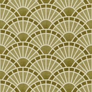 Serene Sunshine- 08 Moss- Art Deco Wallpaper- Geometric Minimalist Monochromatic Scalloped Suns- Petal Cotton Solids Coordinate- Medium- Earthy Green- Olive- Sage- Neutral