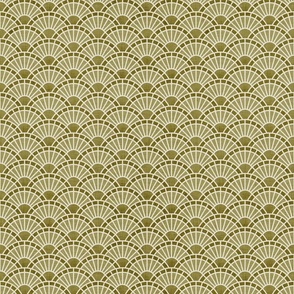 Serene Sunshine- 08 Moss- Art Deco Wallpaper- Geometric Minimalist Monochromatic Scalloped Suns- Petal Cotton Solids Coordinate- sMini- Earthy Green- Olive- Sage- Neutral