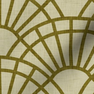 Serene Sunshine- 08 Moss on Khaki- Art Deco Wallpaper- Geometric Minimalist Monochromatic Scalloped Suns- Petal Cotton Solids Coordinate- Large- Earthy Green- Olive- Sage- Neutral