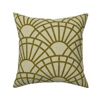 Serene Sunshine- 08 Moss on Khaki- Art Deco Wallpaper- Geometric Minimalist Monochromatic Scalloped Suns- Petal Cotton Solids Coordinate- Large- Earthy Green- Olive- Sage- Neutral