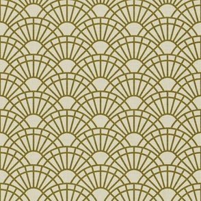 Serene Sunshine- 08 Moss on Khaki- Art Deco Wallpaper- Geometric Minimalist Monochromatic Scalloped Suns- Petal Cotton Solids Coordinate- Small- Earthy Green- Olive- Sage- Neutral