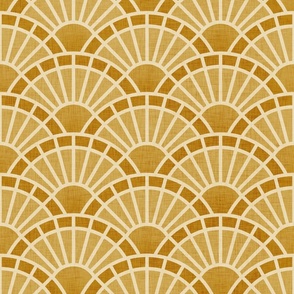 Serene Sunshine- 09 Mustard- Art Deco Wallpaper- Geometric Minimalist Monochromatic Scalloped Suns- Petal Cotton Solids Coordinate- Medium- Golden Yellow- Earth Tone- Ocher- Neutral