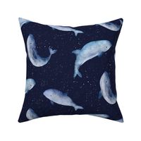 Watercolor whale on navy, dark blue whale