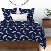 Watercolor whale on navy, dark blue whale