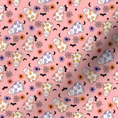 TINY Groovy Ghost Hippie Halloween fabric - floral ghost fabric pink halloween 4in