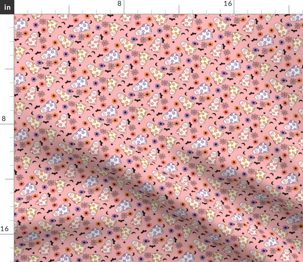 TINY Groovy Ghost Hippie Halloween fabric - floral ghost fabric pink halloween 4in