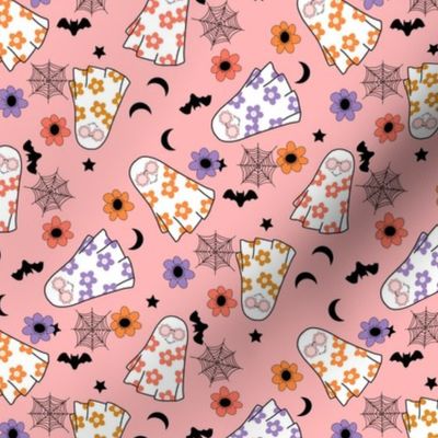 SMALL Groovy Ghost Hippie Halloween fabric - floral ghost fabric pink halloween 6in
