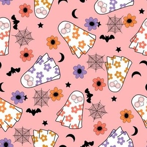 MEDIUM Groovy Ghost Hippie Halloween fabric - floral ghost fabric pink halloween 8in