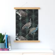 Elegant Art Deco Arched Palm Leaf Pattern with Peacocks and Peahen