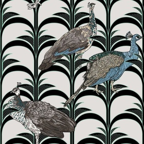 Elegant Art Deco Arched Palm Leaf Pattern with Peacocks and Peahen on Taupe