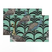 Elegant Art Deco Arched Palm Leaf Pattern with Peacocks and Peahen on Turquoise