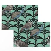 Elegant Art Deco Arched Palm Leaf Pattern with Peacocks and Peahen on Turquoise