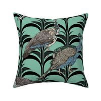 Elegant Art Deco Arched Palm Leaf Pattern with Peacocks and Peahen on Turquoise