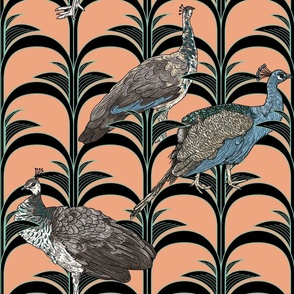 Elegant Art Deco Arched Palm Leaf Pattern with Peacocks and Peahen on Peach