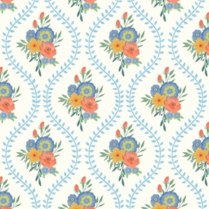 French Country Floral Table Linen - colorful flowers and Very light French Blue vines - ogee / drop in a trellis or lattice shape