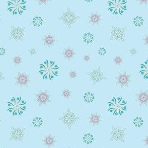 Ditsy Floral Wheels Scattered on Blue