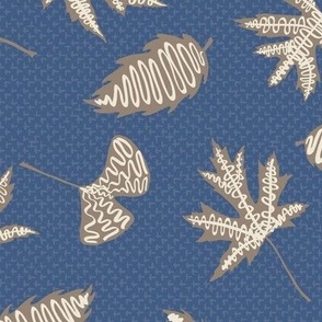 Tossed Rustic Leaf Silhouettes (Large) - Morel Khaki Brown and Panna Cotta Cream on Blue Ridge Denim Blue  (TBS109-001)