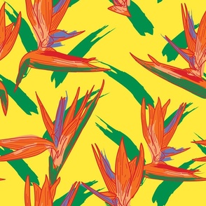 Tropical Bird of Paradise Floral Pattern with brush strokes