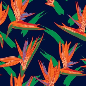 Tropical Bird of Paradise Floral Pattern with brush strokes