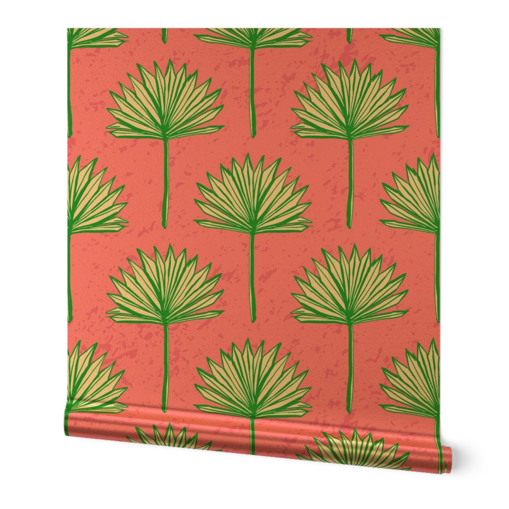 (L) Bright Green Fan Palm on Pink, Preppy wallpaper, beach house coastal