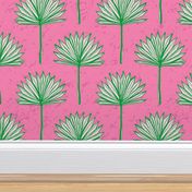 (L) Bright Green Fan Palm on Pink, Preppy wallpaper, beach house coastal