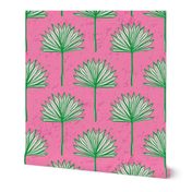 (L) Bright Green Fan Palm on Pink, Preppy wallpaper, beach house coastal