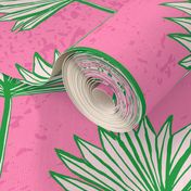 (L) Bright Green Fan Palm on Pink, Preppy wallpaper, beach house coastal