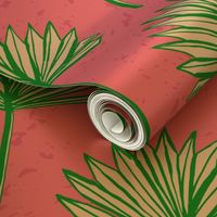 (L) Bright Green Fan Palm on Pink, Preppy wallpaper, beach house coastal