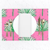 (L) Bright Green Fan Palm on Pink, Preppy wallpaper, beach house coastal