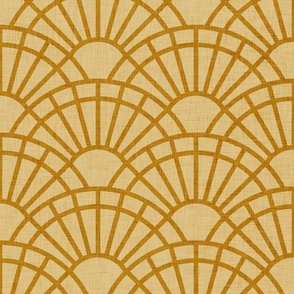 Serene Sunshine- 09 Mustard on Gold- Art Deco Wallpaper- Geometric Minimalist Monochromatic Scalloped Suns- Petal Cotton Solids Coordinate- Large- Golden Yellow- Earth Tone- Ocher- Neutral