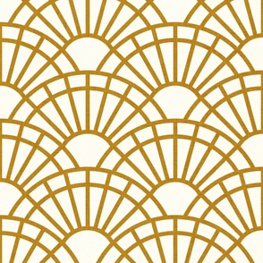 Serene Sunshine- 09 Mustard on Off White- Art Deco Wallpaper- Geometric Minimalist Monochromatic Scalloped Suns- Petal Cotton Solids Coordinate- Large- Golden Yellow- Earth Tone- Ocher- Neutral