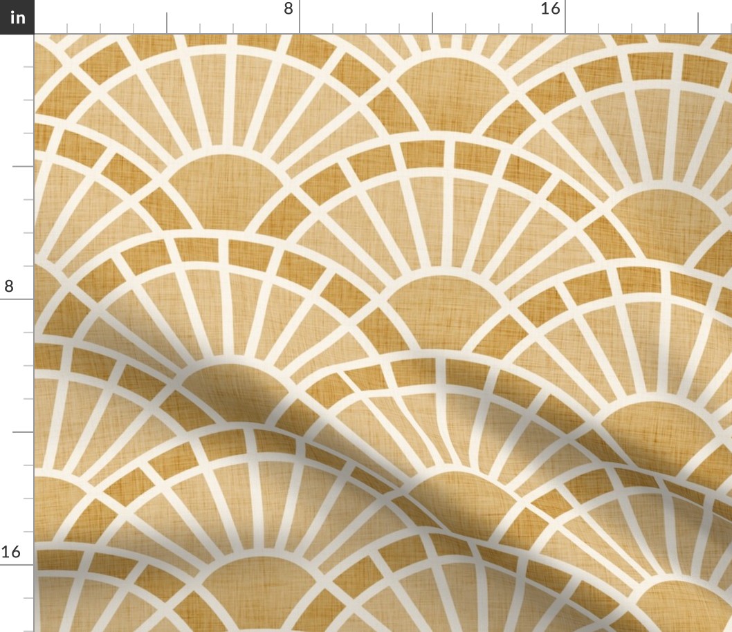 Serene Sunshine- 10 honey- Art Deco Wallpaper- Geometric Minimalist Monochromatic Scalloped Suns- Petal Cotton Solids Coordinate- Large- Golden Yellow- Earth Tone- Ocher- Mustard- Neutral