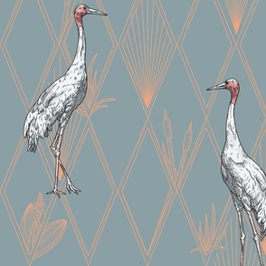 Sarus Cranes on Art Deco Argyle Diamond Pattern