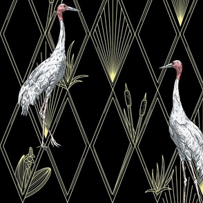 Sarus Cranes on Art Deco Argyle Diamond Pattern on Black
