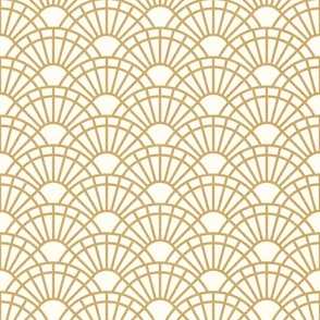 Serene Sunshine- 10 Honey on Off White- Art Deco Wallpaper- Geometric Minimalist Monochromatic Scalloped Suns- Petal Cotton Solids Coordinate- Small- Golden Yellow- Earth Tone- Ocher- Mustard- Neutral