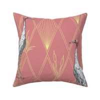 Sarus Cranes on Art Deco Argyle Diamond Pattern on Pink